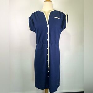 VTG 60s Leslie Fay Terry Cloth House Dress Navy Blue Button Front Midcentury M/L